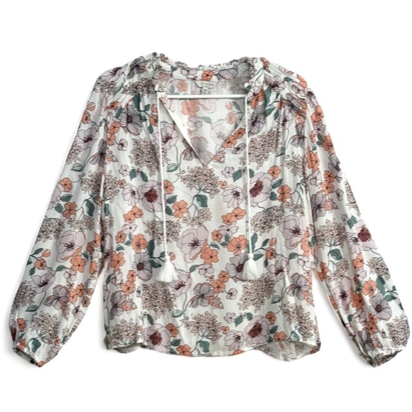 Lucky Brand Tops - Lucky Brand Boho Tassel Floral Blouse Elastic Wrist Small Ruffle Neck Size M